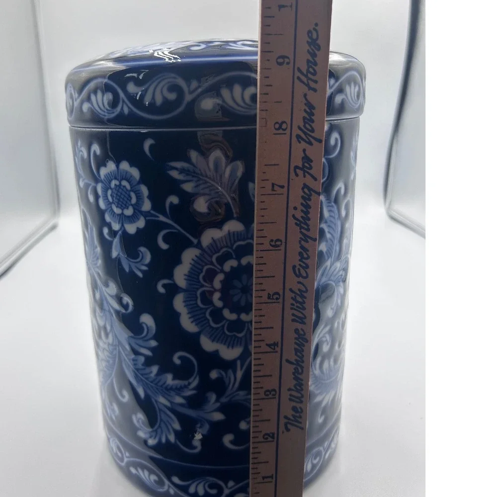 Pier 1 Mandarin Blue and White Floral Porcelain Canister with Lid 9.5